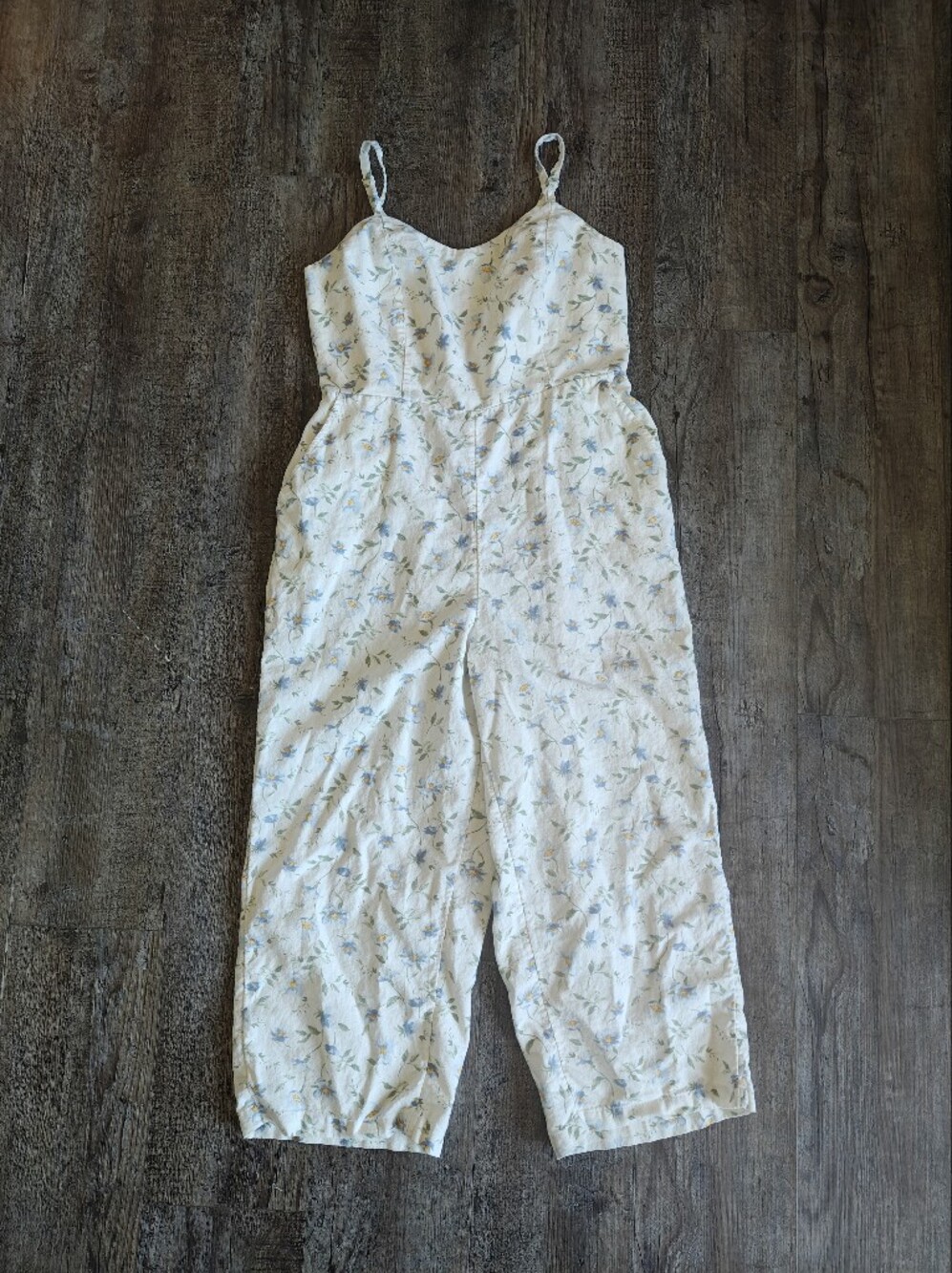 Old Navy White Floral Jumpsuit with Blue and Yellow Blossoms